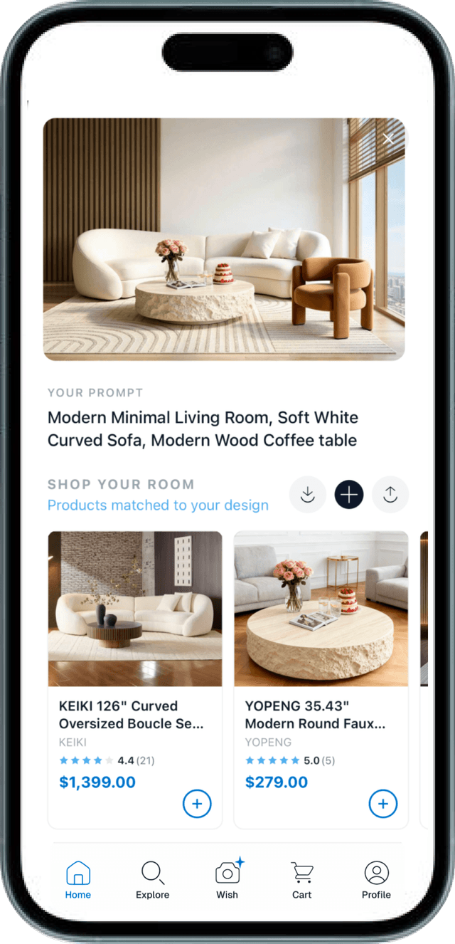 HomeGenie results showing redesigned room with shoppable furniture